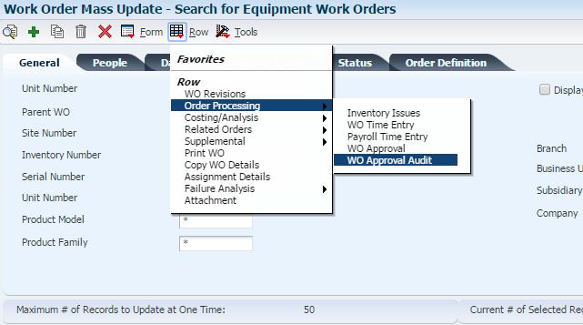 Mass WO Update in Action Mass WO Search and Select Row Exits Allow
