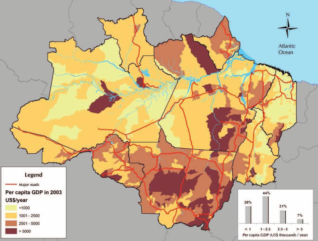 The Amazon Frontier Advance The States with greatest per capita GDPs in the Amazon in 2004 were Amazonas (US$ 4,200) and Mato Grosso (US$ 3,800), while Maranhão and Tocantins represented the lowest