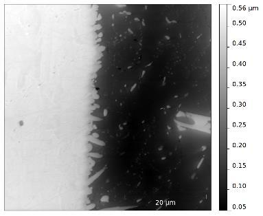 Fig. 6. Contact-mode AFM images of the Cu part (area 1) of the specimen. Left: after 120 min in the HAST chamber, scan area: 5x5 m 2, highlighted area from Fig.