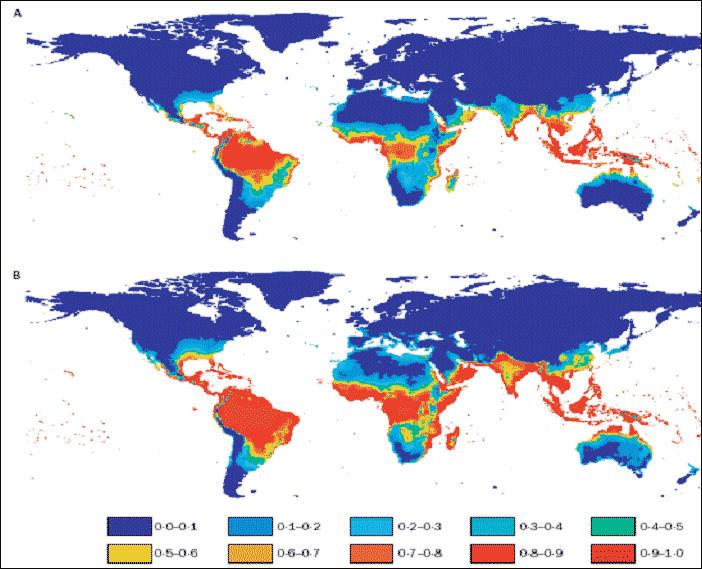 6) Vector-Borne Disease Estimated population at risk of dengue fever under standard climate change scenario: 1990, 2085 This image demonstrates the increased population (in