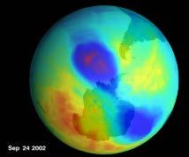 7) Other Indirect Impacts Ozone Depletion This image demonstrates the ozone hole in blue over Antarctica. The ozone hole is not static and enlarges and shrinks overtime.