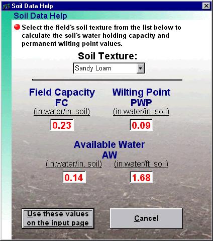 shown in Figure 3. The soil s water holding characteristic value can be selected based on the soil texture from the drop-down list at the top of the screen.