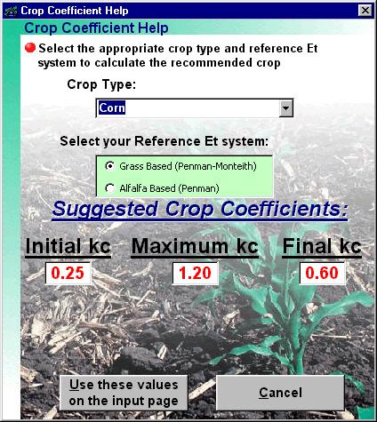 Figure 5 The Crop Coefficient Help Screen The Initial Crop Coefficient, The Maximum Crop Coefficient, and The Final Crop Coefficient: To determine how much water the crop is using, KanSched uses crop