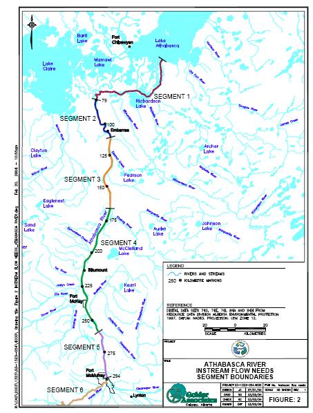 Figure 1. Athabasca River Instream Flow Needs Reach (Segment) Boundaries. Reaches 4 and 5 have each been assigned two Framework values for each week of the year.