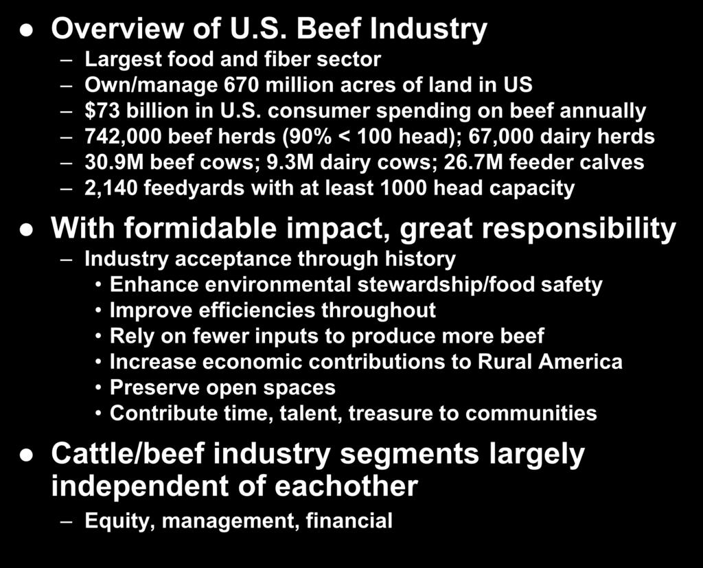 Overview of U.S. Beef Industry Largest food and fiber sector Own/manage 670 million acres of land in US $73 billion in U.S. consumer spending on beef annually 742,000 beef herds (90% < 100 head); 67,000 dairy herds 30.