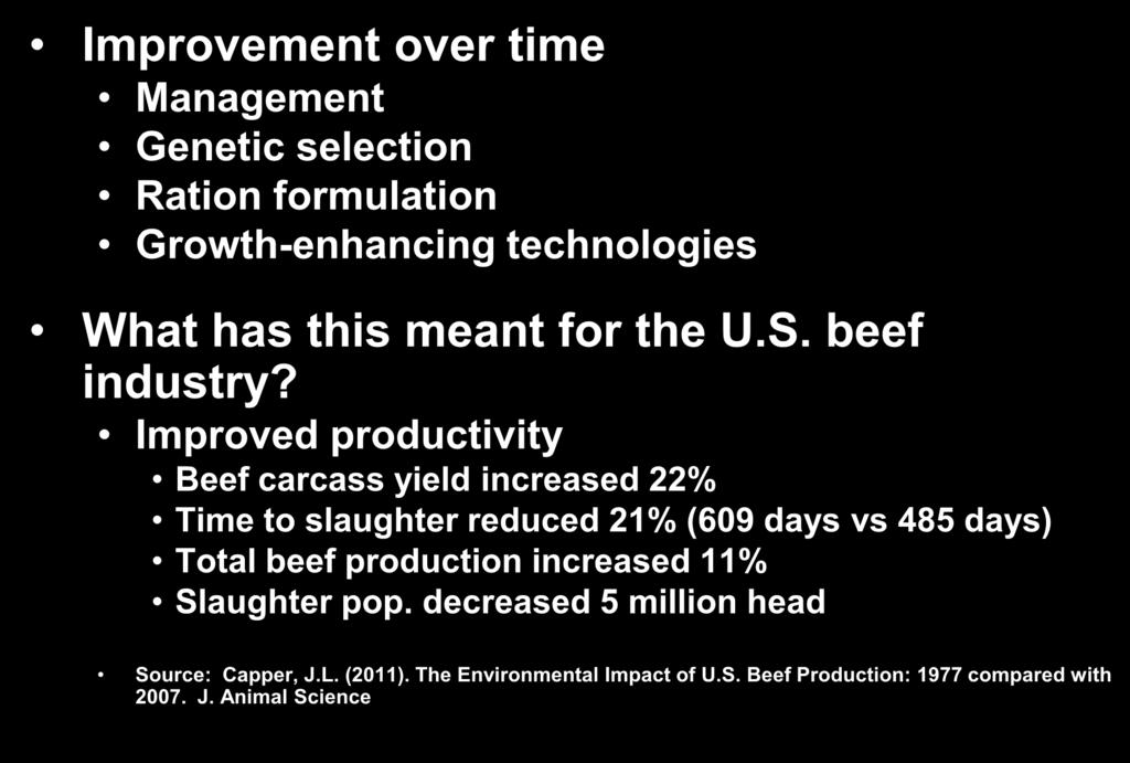 Environmental Footprint of U.S. Beef Production (1977 vs. 2007) Improvement over time Management Genetic selection Ration formulation Growth-enhancing technologies What has this meant for the U.S. beef industry?