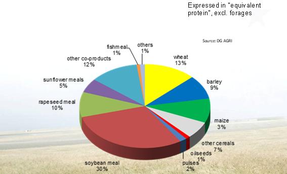 EU-28 balance sheet for protein rich feed materials in 216/17 EU total feed use (mio. t proteins) EU feed use of EU origin (mio. t proteins) Self-sufficiency (%) CROPS 18.3 16.6 91 Thereof wheat 5.