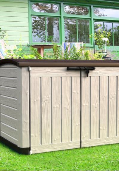 Store-It-Out Arc A horizontal shed with a stylish design for garden supplies, garden furniture and trash cans.