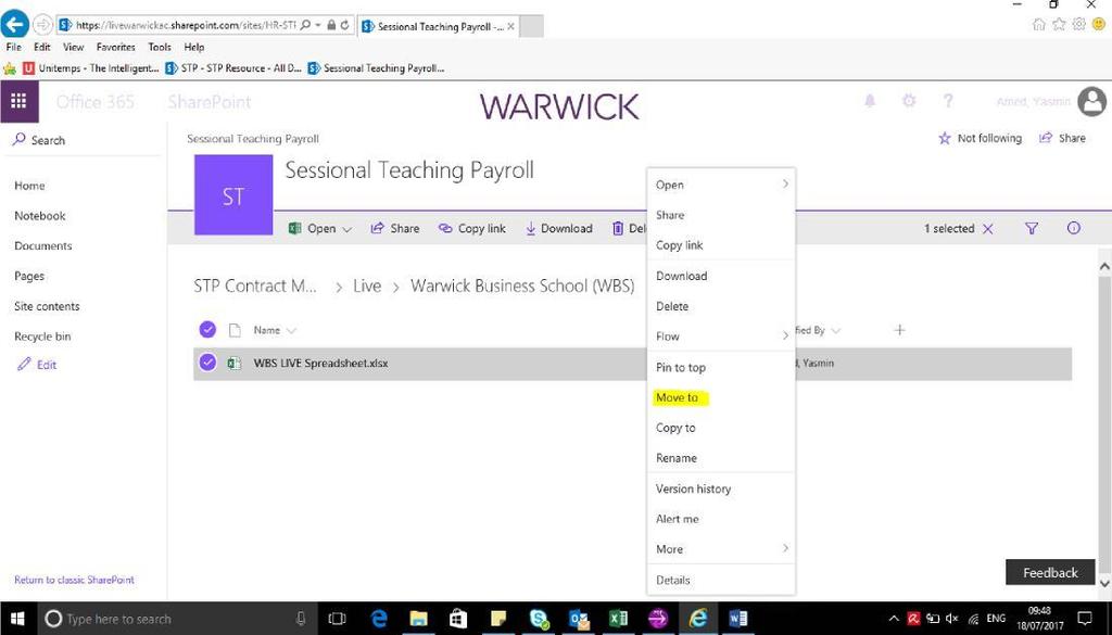 Click on the New Request folder, select your department folder and click the purple Move button SharePoint will send a notification to the STP team so they can begin to action your request.