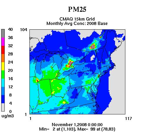 Application and Evaluation of CMAQ for the Base Year September/October November/December The simulated monthly average PM 2.5 concentrations are generally less than 12 µg/m 3.