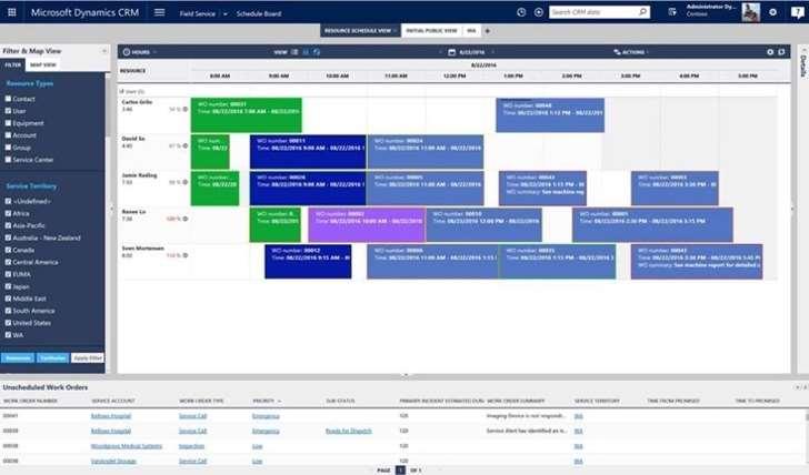 A drag-and-drop schedule board allows dispatchers to assign resources and set up schedules for multiple work orders using a map or list view.