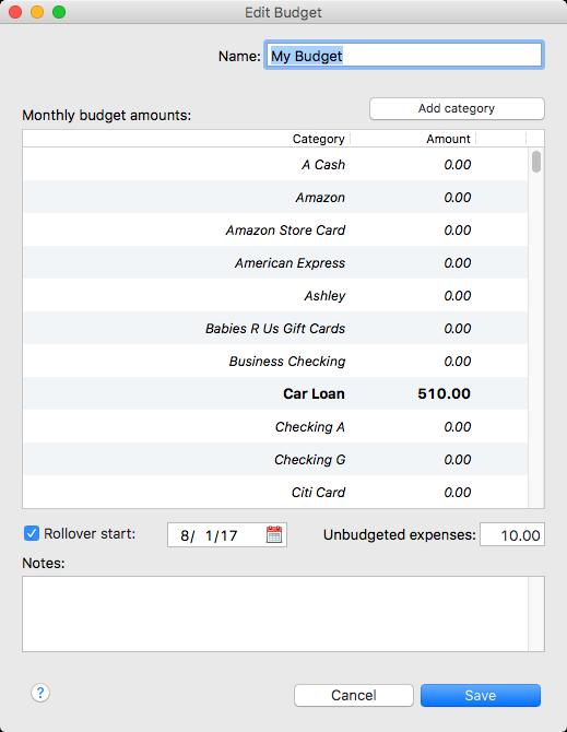 Adding Budgets Budgets help you compare your actual spending with your target spending. For example, you may want to specify a maximum amount of $175.