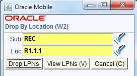 4. (Optional) Click View LPNs to review the LPNs to be dropped in this scanned area. 5. Click Drop LPNs to drop all the loaded LPNs to the selected subinventory/locator.
