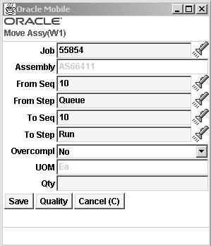 Move Assembly Page 2. In the Job field enter, select from the list of values, or scan the number.