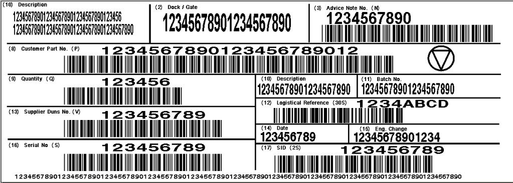 E.4.5 Alternate standard 210mm wide x 74mm high ETI 9 label There is no supplier free space on this label The bar height SHALL be a minimum of 6mm. Bar code symbology SHALL be Code 39.