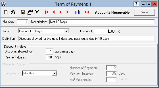 Terms Terms of Payment must be setup in Acomba before transactions using Terms can be transferred from Manage.