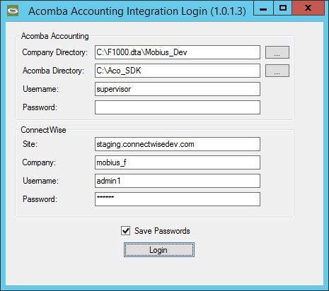 Using the Application Logging In The first time you run the application, you will be prompted for both your Acomba and Manage credentials.