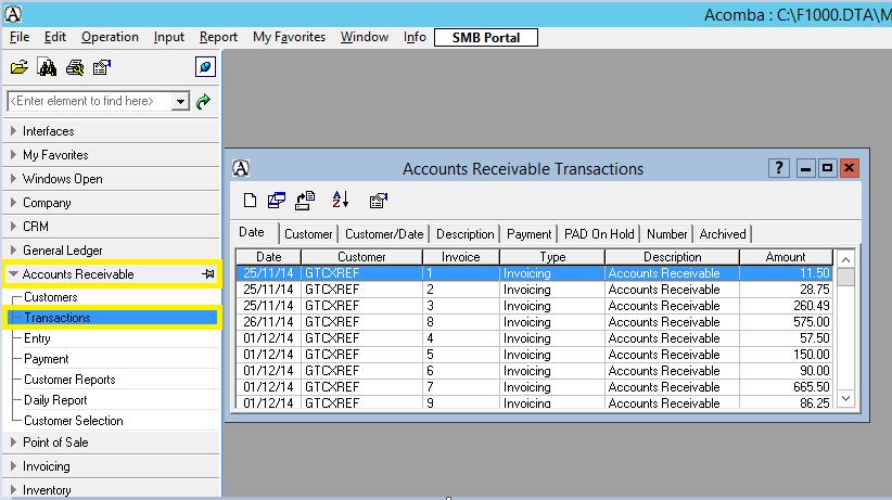 To verify Accounts Receivable Transactions in Acomba, on the