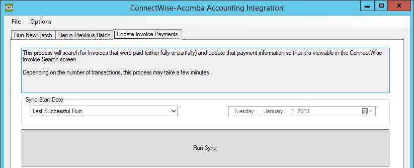 Synchronizing Invoice Payments Your typical workflow will include creating invoices in Manage, and exporting those invoices to Acomba.