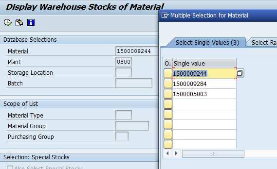 1. Execute transaction MB52 2. Select the Plant 3. Enter the Materials in the Multiple Selection for Material: 4. Execute the report.