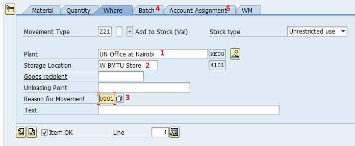 Press Enter and choose tab Account Assignment (5): On tab Account Assignment, specify the Fund (1) and Cost Center (2) linked to the plant /storage location.