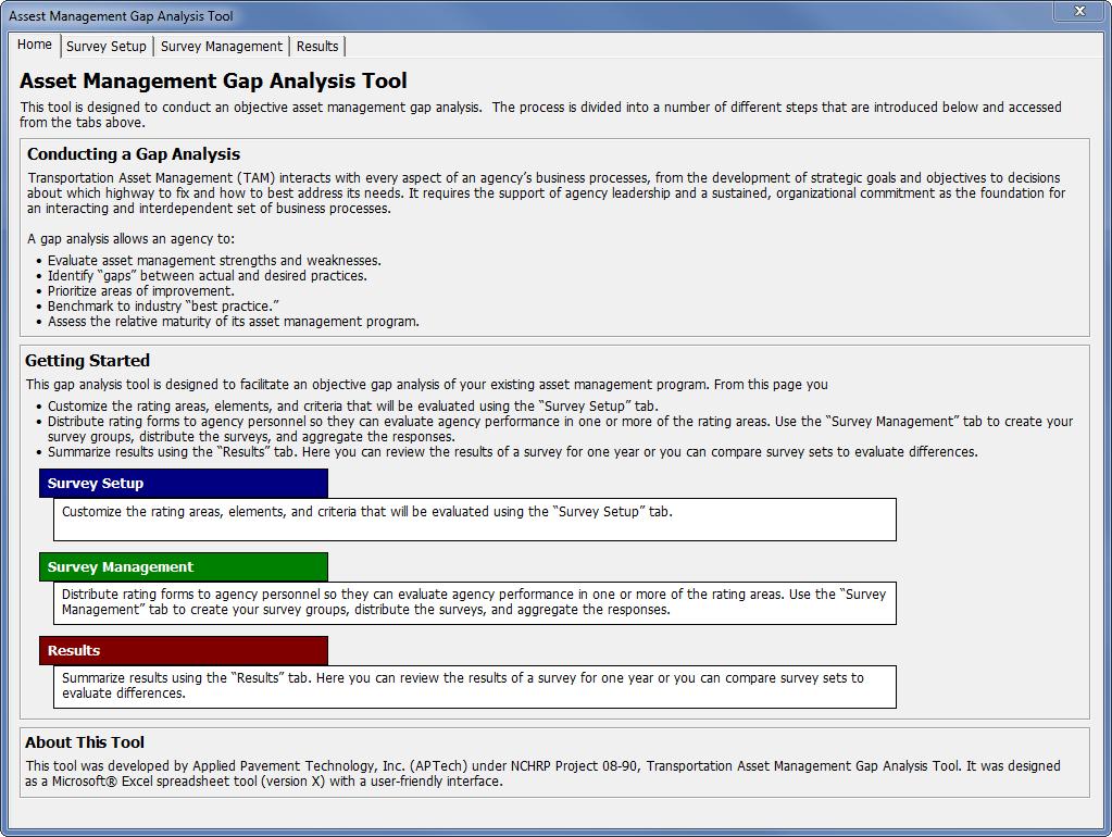 August 2014 Transportation Asset Management Gap Analysis Tool User s Guide Using the Gap Analysis Tool Workbook The Gap Analysis Tool uses a tab-based user interface made up of the following four