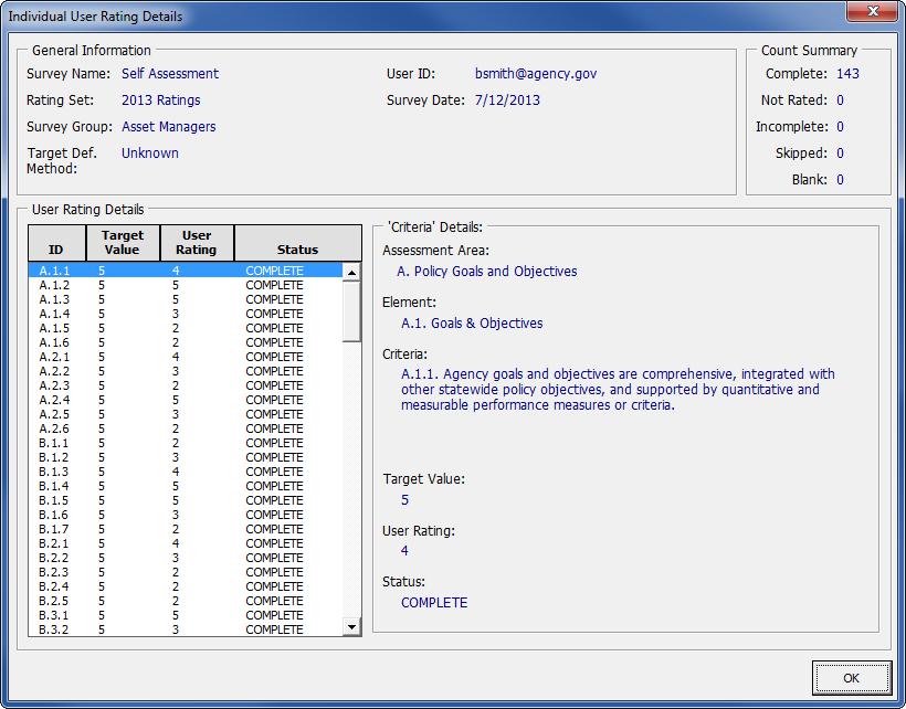Transportation Asset Management Gap Analysis Tool User s Guide August 2014 Figure 2-37. Example of the Move User Survey(s) to New Rating Set dialog box.