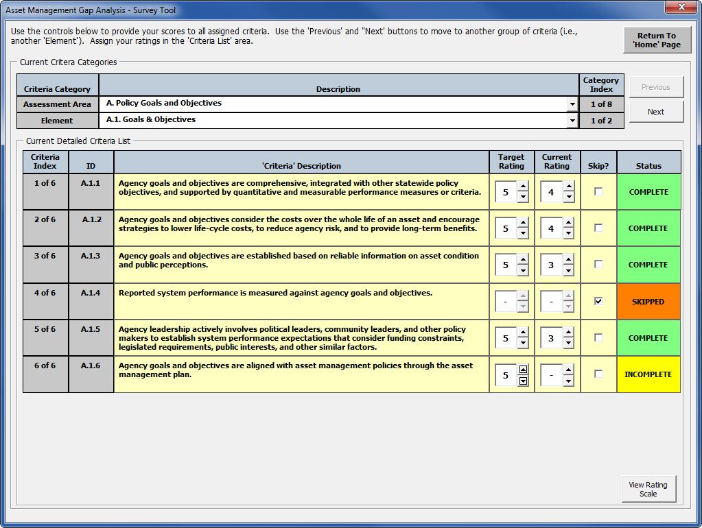 Transportation Asset Management Gap Analysis Tool User s Guide August 2014 Figure 3-13. Example of the Survey page with the User Defined target definition method selected.