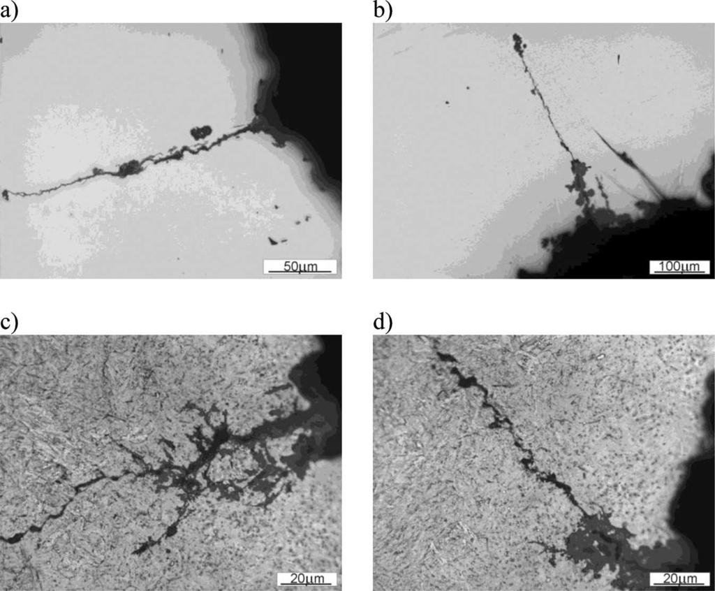 Microscopic images of cracks nucleated at the edge of cooling hole: a), b) not etched, c), d) etched with 2% nital Fig. 9.