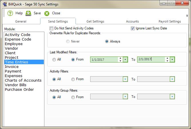 You can specify the various settings per module for sending data to Sage 50. For description of each field on this tab, see the BillQuick Help.