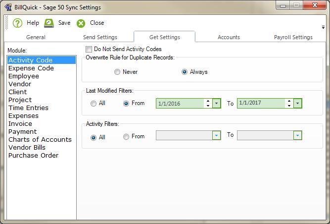 You can specify various settings per module for getting data from Sage 50. For description of each field on this tab, see the BillQuick Help.