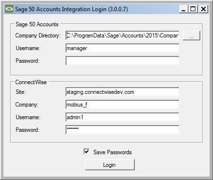 Using the Application Logging In The first time you run the application, you will be prompted for both your Sage 50 Accounts and Manage credentials.