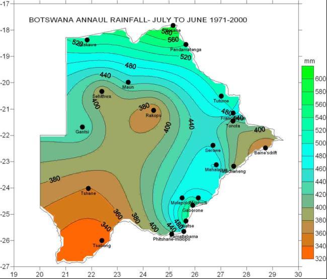 Drought Conditions and Management Strategies in Botswana Background: Botswana lies between the latitudes of 18 to 27 degrees South and the longitudes of 20 to 29 degrees East, in the centre of the