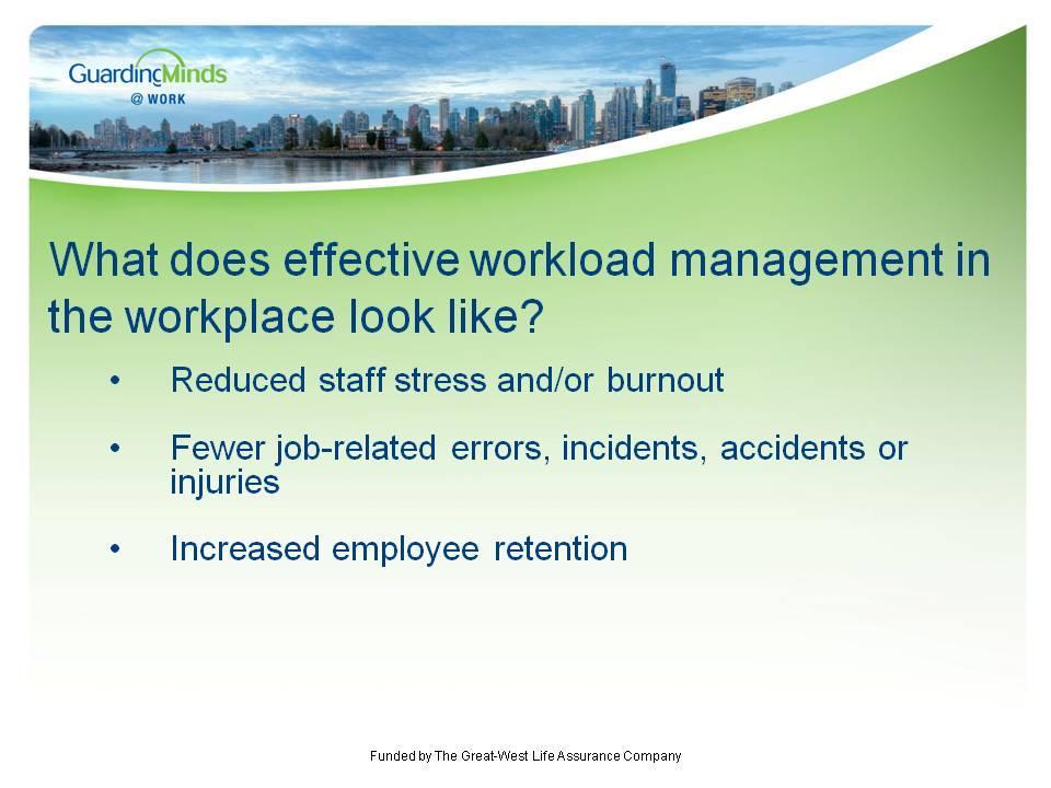 Workload Management Slide # 3 This slide details what a workplace with a well-managed workload may look like. Simply read the points on the slide.