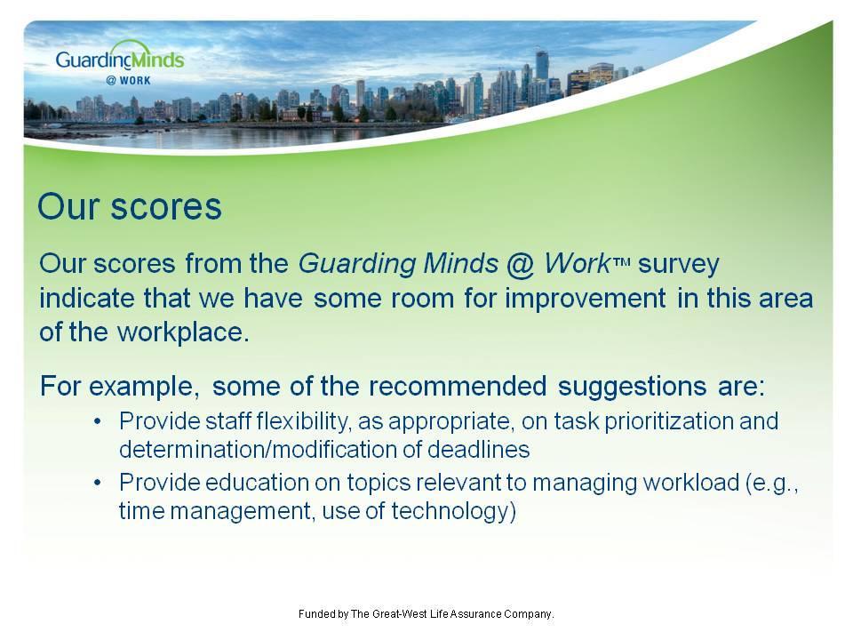Workload Management Slide # 4 If your workplace or a sector in the workplace completed the Guarding Minds @ Work (GM@W) Survey, you may wish to review the scores now.