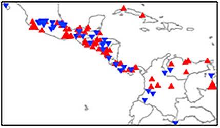 Figure 2: Trends in rainfall in Central America and northern South America (1961-2003) Note: Large red triangles indicate positive significant trends at p<0.
