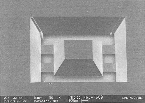Using LOCOS like process with sputter deposited Si 3 N 4 films, microstructures with perfect convex corner were fabricated on twoinch p-type (100)-silicon wafers of thickness 280±15 µm.