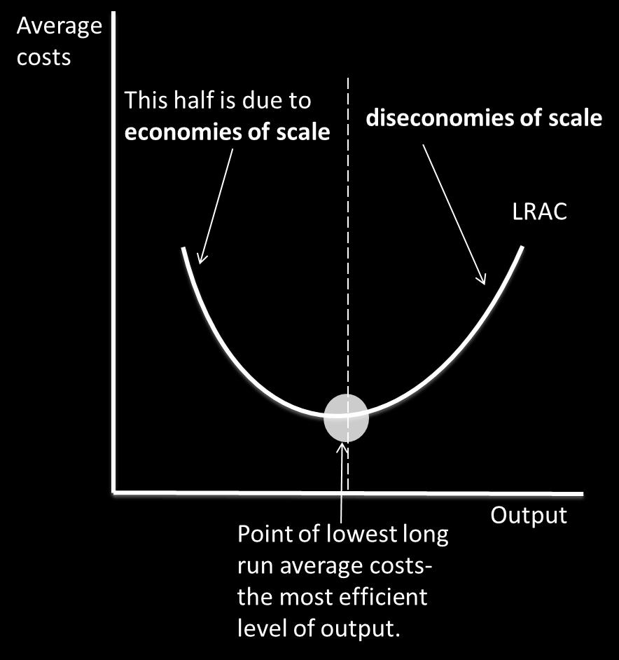 This is shown on the long run average cost curve because economies of scale are only applicable in the long run. Initially, average costs fall, since firms can take advantage of economies of scale.