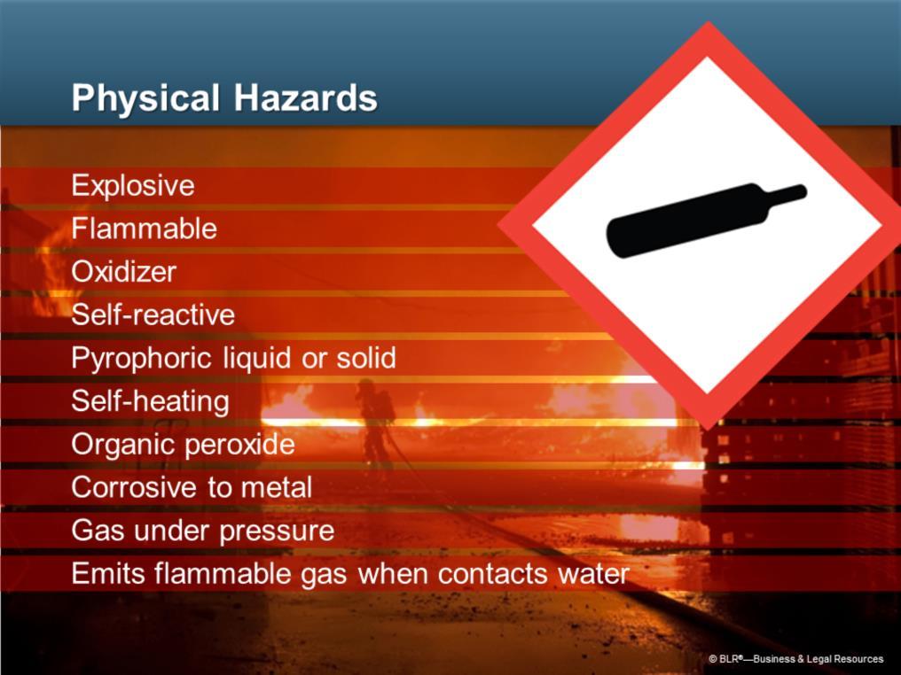 Hazardous chemicals present several types of hazards: physical hazards, health hazards, asphyxiant, pyrophoric, combustible dust, and others that are not classified.