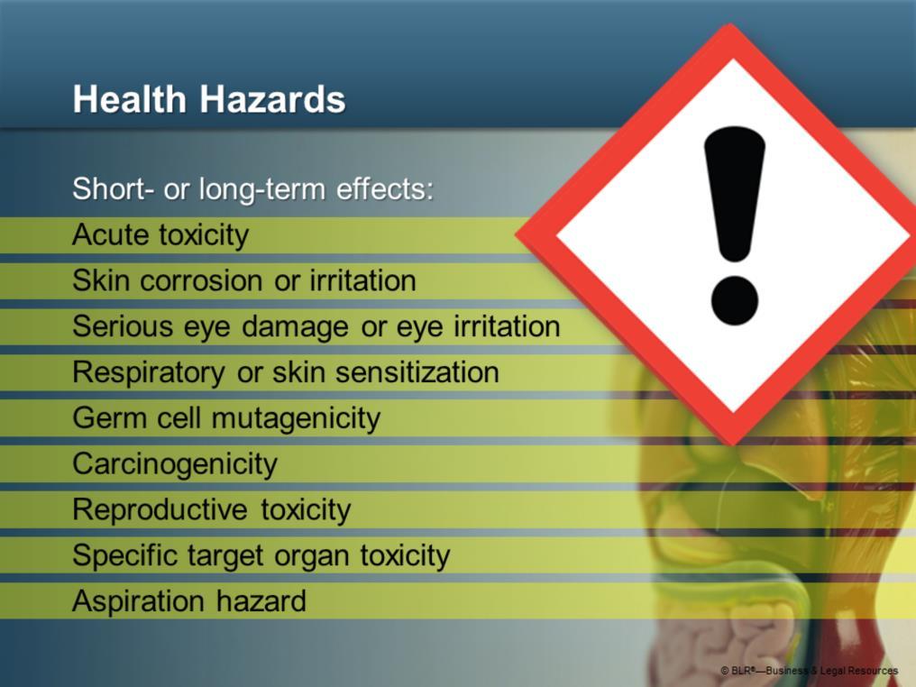 Health hazards can cause illness or other health problems, which can include short-term effects, such as headaches, dizziness, or skin irritation, or long-term effects, such as organ damage or cancer.