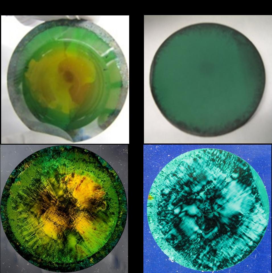 Figure 1. Optical and crossed polarizers images of the 4H and 6H SiC crystals. The top images are the optical images while the bottom images are from cross polarizers lighting. 3.