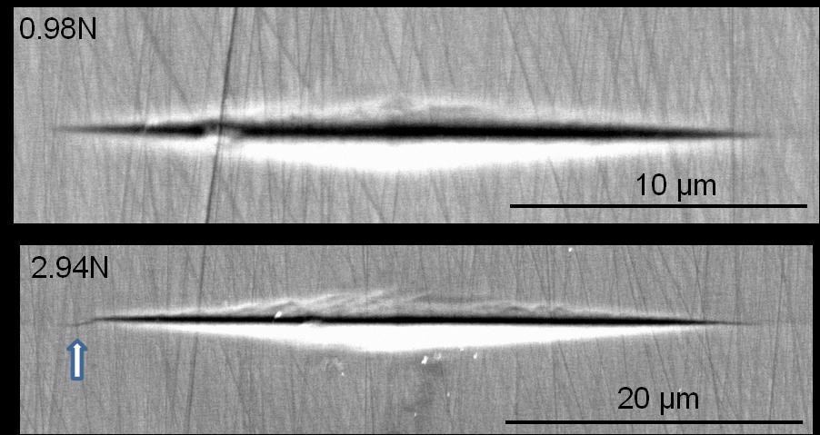 Figure 5. Images of the Knoop indents in the 6H SiC crystal using indentation loads of 0.98 N (top) and 2.94 N (bottom). White arrows show the short radial cracks that can come off the tips of the 2.