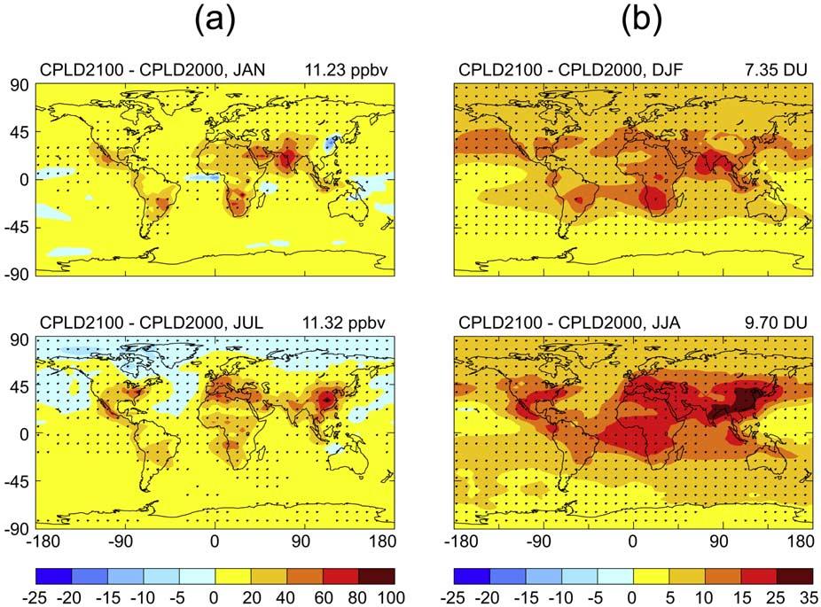 Figure 2. Predicted changes in O 3 over 2000 2100 (CPLD2100 CPLD2000) with full chemistryaerosol-climate coupling for IPCC SRES A2.