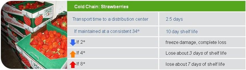 Once again referencing strawberries, the diagram below, produced by the University of Florida, shows how strawberries should be shipped at a consistent temperature of 34 Fahrenheit.