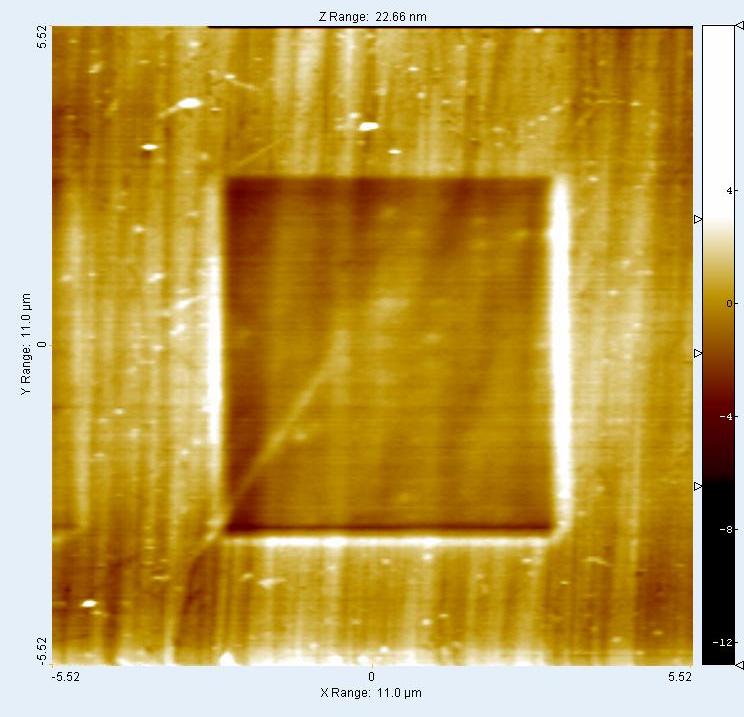 11 µm, 2-D topographical in-situ SPM images of the Sample 3 surface after nanowear tests utilizing peak loads of 125 µn (top left), 175 µn (top right), and 225 µn (bottom). Table 6.