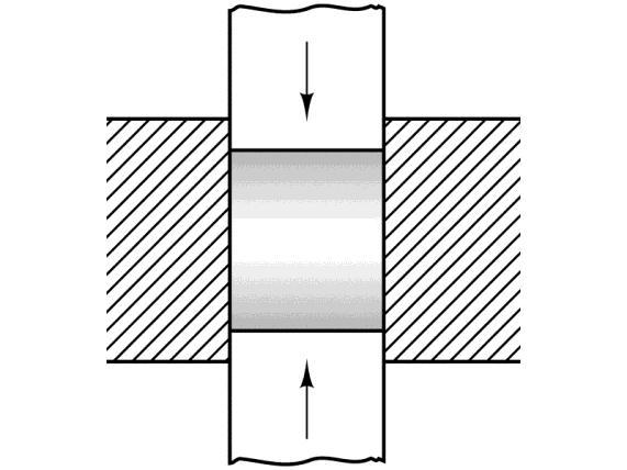 punch, showing the resultant nonuniform density (shaded), highest where particle movement is the greatest.