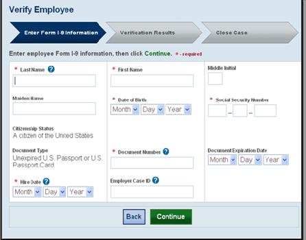 You are then prompted to indicate the documents provided to you from Section 2 of the employee s Form I-9. Make the appropriate selection and click Continue.