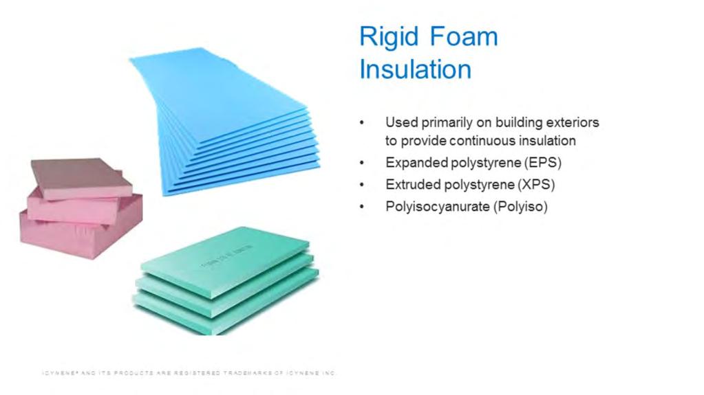 Rigid foam insulation is usually used on building exteriors to form a continuous insulating layer.