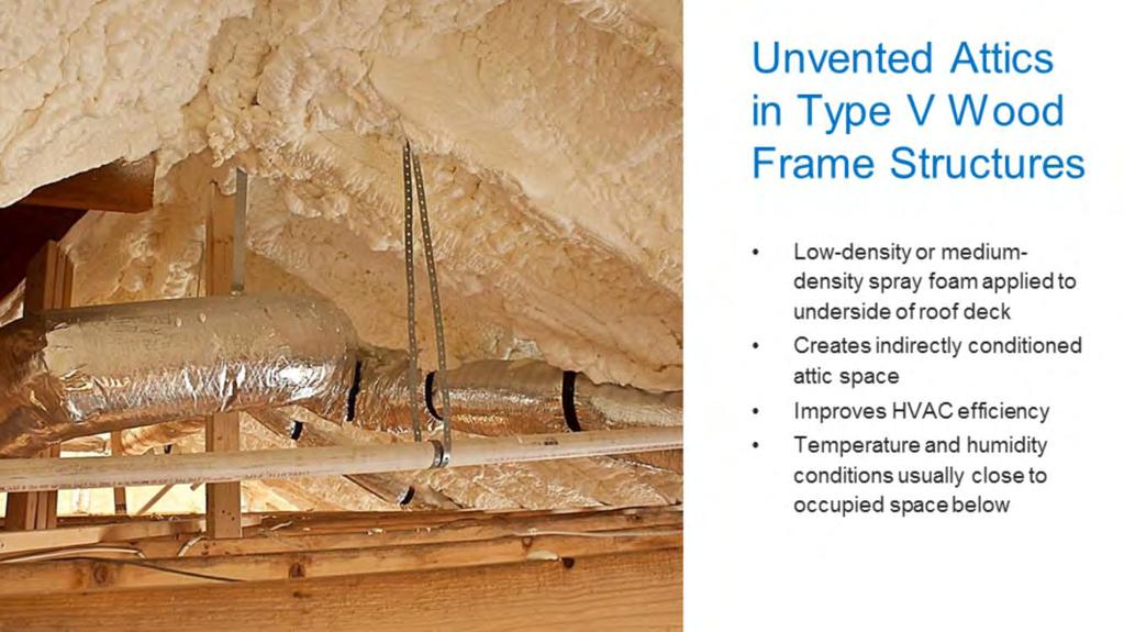 Both low-density and medium-density spray foam can be applied directly to the underside of a roof deck, which converts the space below to an unvented or indirectly conditioned attic.