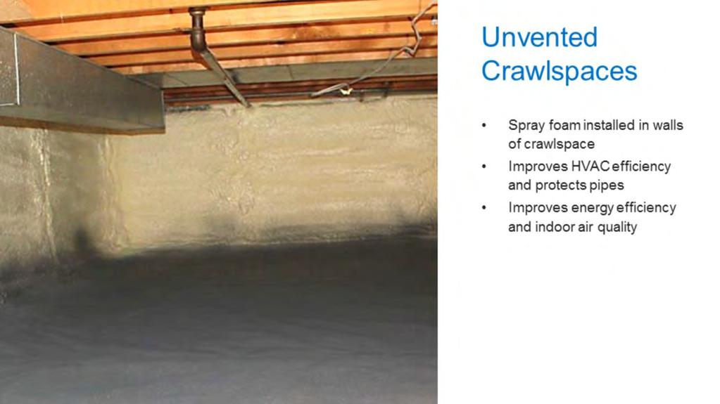 Medium-density spray foam is a good choice for insulating crawl spaces. In this solution, a vapor barrier is installed on the crawlspace walls, and the walls (not the ceiling) are insulated.